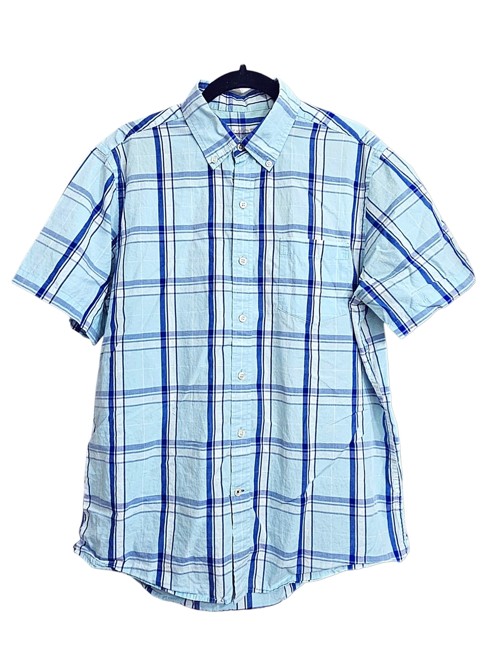 Izod Light Blue and Navy Plaid Short Sleeve Button Down Shirt Large